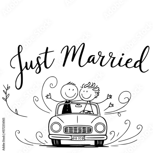 Just Married: A heartwarming illustration of a newly wedded couple, joyfully embarking on their journey together in a classic car, filled with love and excitement.
