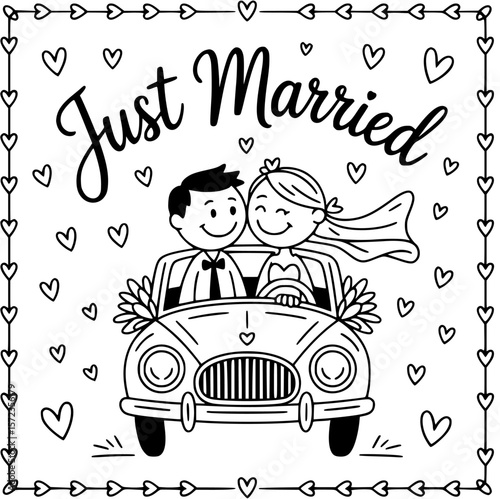 Just Married: Whimsical drawing of a couple in a decorated car with Just Married text, a charming celebration of love.