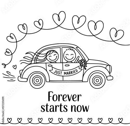 Wedding Car Illustration: A charming illustration of a classic car, adorned with a Just Married banner, joyfully transporting a newlywed couple.