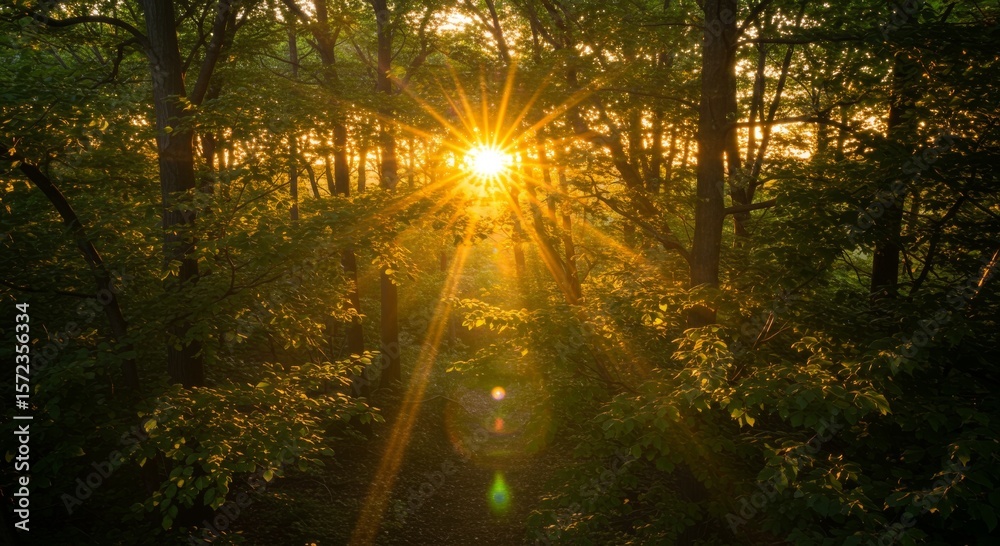 Obraz premium Golden Hour Sunset in Lush Green Forest
