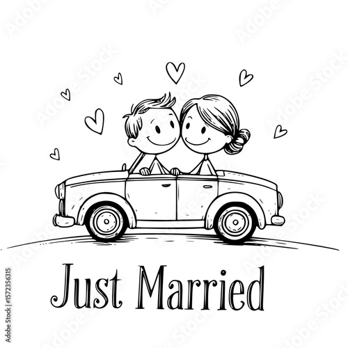 Just Married Couple in a Car: A whimsical black and white illustration of a newly married couple in a vintage car, surrounded by floating hearts, symbolizes love, commitment and a happy beginning.