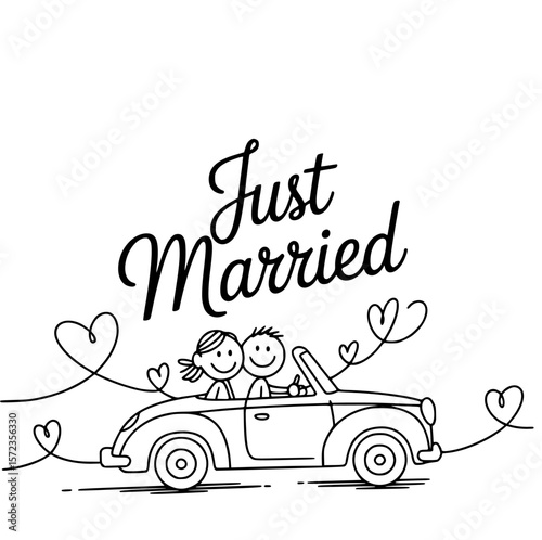 Joyful Start: Charming illustration of a newlywed couple embarking on their journey, hand in hand, in a whimsical convertible, capturing the essence of love, celebration and togetherness.