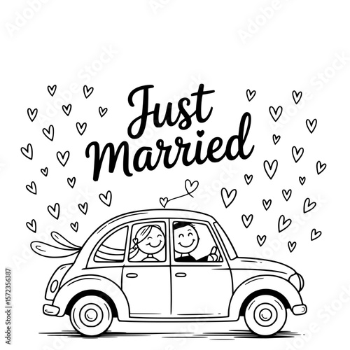 Just Married: A heartwarming illustration depicts a newlywed couple joyfully embarking on their journey together in a classic car, their happiness framed by a shower of affectionate hearts.