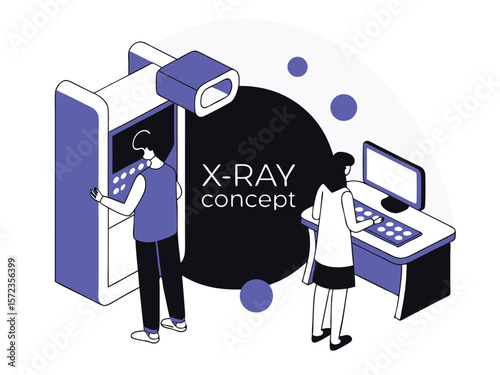Isometric illustration of x ray concept featuring medical professionals and equipment