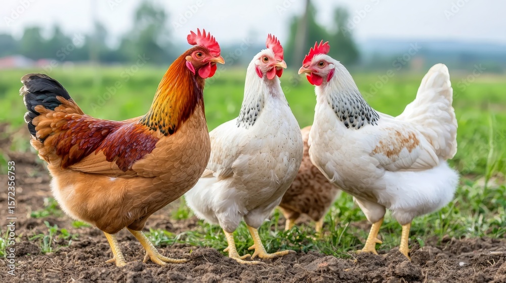 Fototapeta premium Managing Chickens and Other Poultry on a Farm, Capturing Their Playful Interactions Amidst a Green Pasture Under a Clear Sky