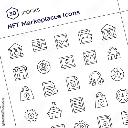 Collection of thirty nft marketplace icons including a bank building, folder, picture, and a wallet icon