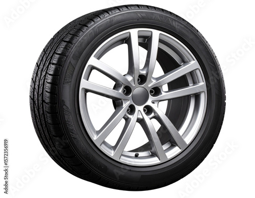 “Car Tire with Aluminum Rim and Spokes, Side View, Isolated on a Transparent Background”