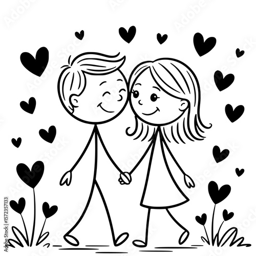 Love's Gentle Stroll: A heartwarming illustration captures two stick figure lovers, hand in hand, as they stroll among hearts, embodying the purity of romance and the bliss of togetherness.