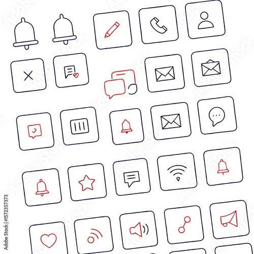 A collection of various outline icons arranged in a grid pattern with some icons highlighted in red