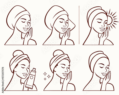 Skincare routine illustration featuring steps of facial care and sun protection treatments for health and beauty