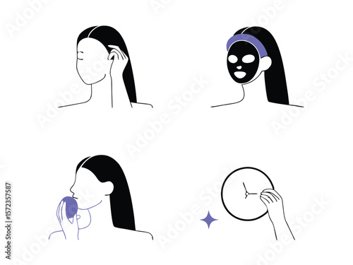 Skincare routine steps with woman applying mask and using skincare products minimalist illustration