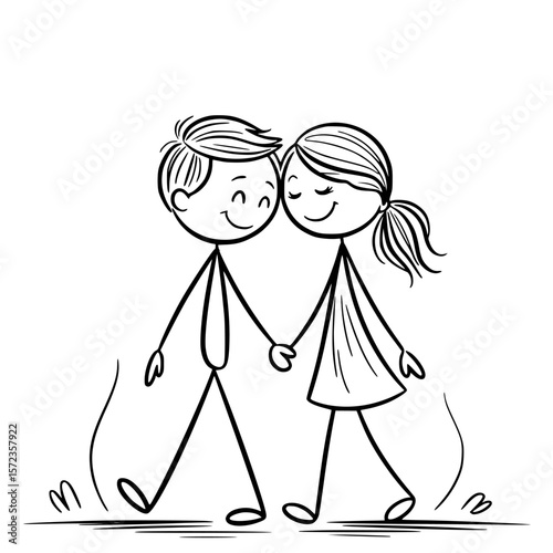 Simple Embrace: Whimsical depiction of a stick figure couple, eyes closed, holding hands and walking happily, a charming symbol of love and togetherness.