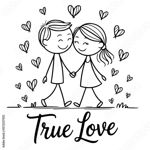 Eternal Love: A simple line drawing portrays a couple walking hand in hand, surrounded by hearts, symbolizing the timeless bond of True Love and the joy of companionship.