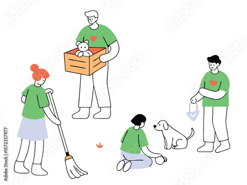 Volunteers engaging in charitable activities including animal care and community support on a transparent background