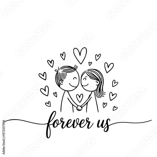 Eternal bond sketch: An endearing sketch depicts a couple holding hands surrounded by floating hearts, representing everlasting love and commitment.