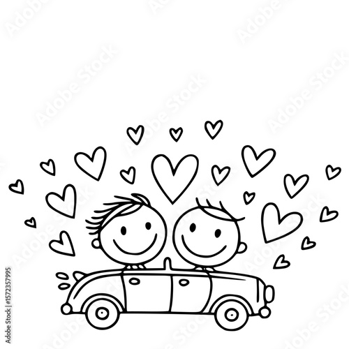 Love Journey: A charming black and white cartoon captures the essence of love with two stick figures joyfully cruising in a car, surrounded by a cascade of hearts.