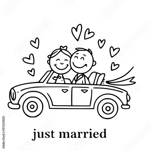 Just Married Car: A charming illustration of a newlywed couple happily riding in a classic car, celebrating their joyous union with hearts, ribbons, and the inscription just married.