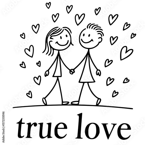 Hand-drawn Romance: A minimalist sketch portraying a couple walking hand in hand amidst a flurry of hearts, embodying the simplicity and joy of true love.