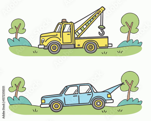 Cartoon illustration of tow truck and disabled car on a green field with trees