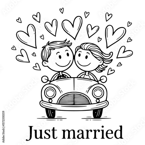Just Married Couple: A delightful illustration captures the essence of just married, showcasing a joyful couple in a classic car, surrounded by hearts, conveying love and happiness.