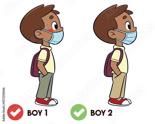 Cartoon illustration of two schoolboys with masks on a transparent white background