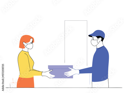 Delivery courier and recipient exchanging package while wearing face masks during pandemic