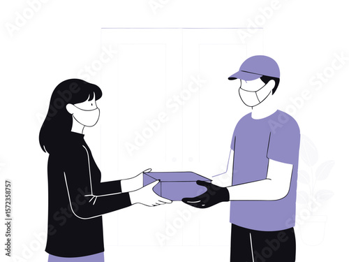 Delivery person and customer exchange package during pandemic with face masks transparent illustration