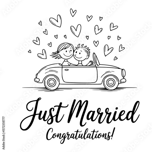 Just Married: A charming monochrome illustration of a newlywed couple joyfully riding off into the sunset in a classic convertible, surrounded by floating hearts.