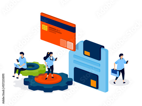Floppy disks and credit cards are shown as storage tools, representing the digital recording and saving of financial transactions and banking information. Can be used for banner, mobile app, website
