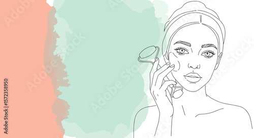 Young woman applying skincare with jade roller on abstract background  