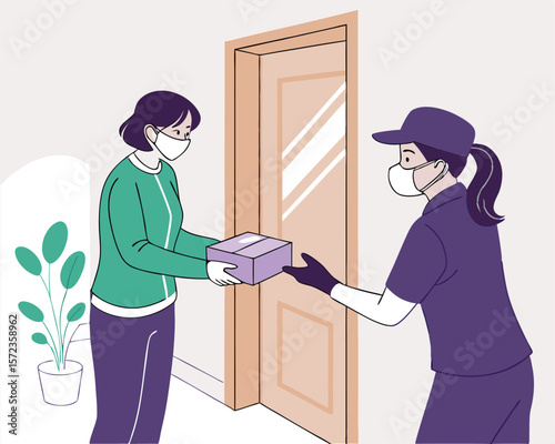 Delivery service illustration shows safe package exchange between a customer and delivery person