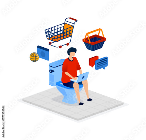 People sitting on toilets while browsing and shopping online metaphorically reflect how modern consumer behavior mixes personal time with financial activity. Can be used for banner, mobile app, ads