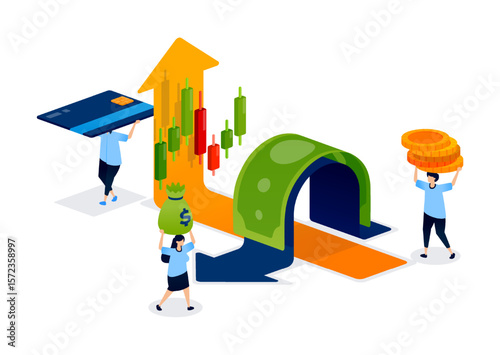 Stock arrows moving in various directions show financial planning, investment trends, and the balance between spending and consumption in a dynamic market. Can be used for banner, mobile app, website