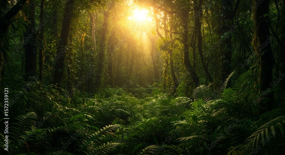 Fototapeta premium Sunbeams in Lush Green Forest