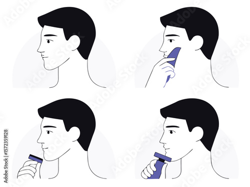 Grooming routine illustration sequence depicting a man shaving his face with electric razor