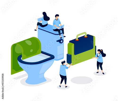 Visual metaphor of poor financial management at work, with money entering a toilet and a briefcase, symbolizing loss, waste, and company mismanagement. Can be used for banner, mobile app, website, ads