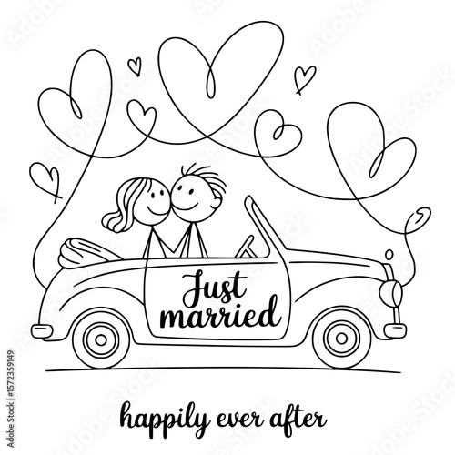 just married car and happy couple