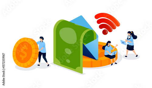 Email based financial notifications showing expense tracking, spending reports, and online finance updates connected to internet systems and smart alerts. Can be used for banner, mobile app, website