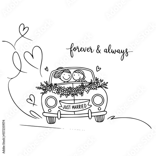 Forever & Always: A heartwarming sketch illustrates a couple's joyful journey in a vintage car, radiating love and unity with a 'just married' banner.