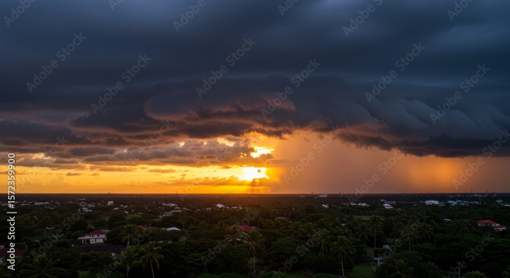 Fototapeta premium Dramatic Sunset with Storm Clouds Over Suburban Cityscape