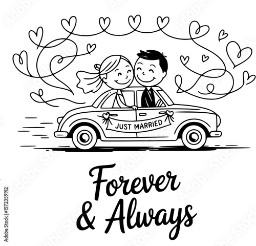 happily ever after just married car with romantic decorations and joyful newlywed couple driving into their love journey