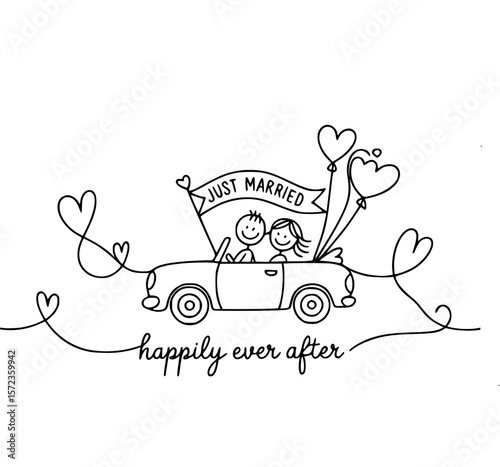 happily ever after just married car with romantic decorations and joyful newlywed couple driving into their love journey