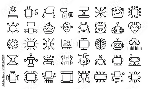 Artificial intelligence icon set, smart robotic, cloud computing network icons. Solid icon collection.
