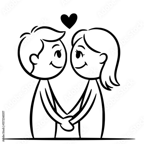 A Drawn Heart's Embrace: A touching, simple black and white drawing portrays the intimate bond of a couple, sharing an embracing gaze with love symbolized by a heart floating above their heads.