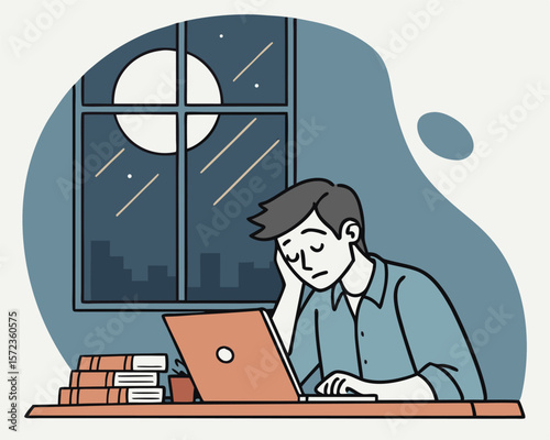 Tired student working late at night vector illustration showing exhaustion overwork and education