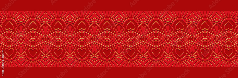 Fototapeta premium Banner, cover design, wallpaper, fresco. Geometric ethnic pattern with handmade hearts on a red background, embossing, 3D. Ornaments, arabesques, mandala, painting of the East, Asia, India, Mexico.