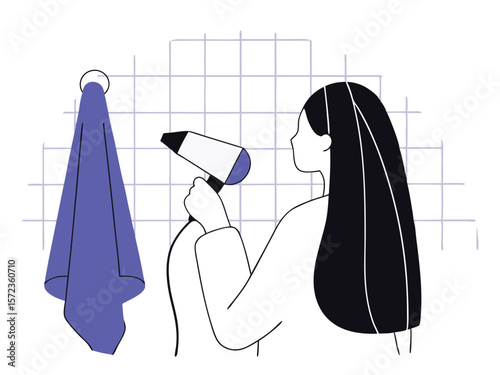 Woman blow drying hair in bathroom with towel and tile illustration on a white background