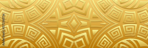 Banner, cover design. Handmade geometric ethnic gold pattern on gold background, embossing. Greek meander. Ornaments, arabesques, mandala, painting of the East, Asia, India, Mexico, Aztecs, Peru.