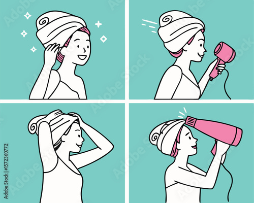 Woman drying hair with a hair dryer in a step by step process on a transparent background