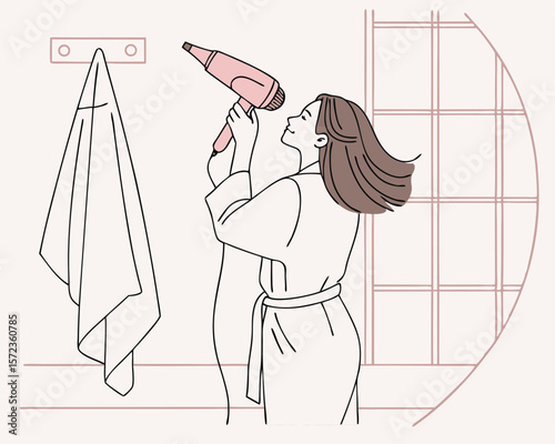 Woman drying hair with a hairdryer in a minimalist bathroom setting illustration.
